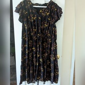 Terra & Sky Black Midi Dress with Yellow and Mauve Floral Print